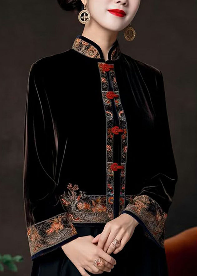 Classy Black Stand Collar Embroidered Silk Velour Coats Fall