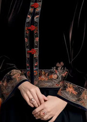 Classy Black Stand Collar Embroidered Silk Velour Coats Fall