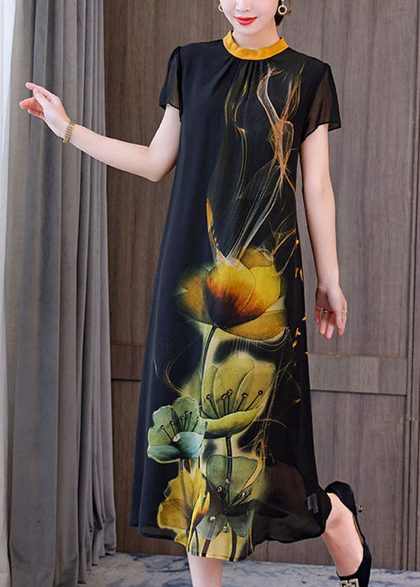 Elegante schwarze Chiffon-Feiertagskleider mit Blumendruck und kurzen Ärmeln