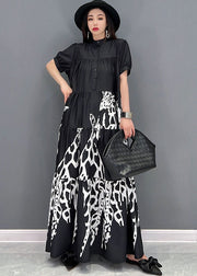 Classy Black Stand Collar Patchwork Wrinkled Print Chiffon Shirt Dress Short Sleeve