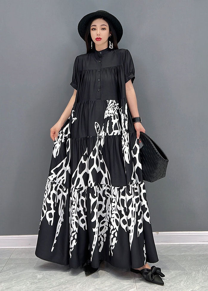 Classy Black Stand Collar Patchwork Wrinkled Print Chiffon Shirt Dress Short Sleeve