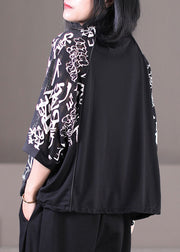 Klassisches schwarzes Stehkragen-Reißverschlusstaschen-Patchwork-Druck-Baumwoll-Lose-Sweatshirt mit kurzen Ärmeln