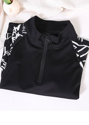 Classy Black Stand Collar Zip Up Pockets Patchwork Print Cotton Loose Sweatshirt Short Sleeve