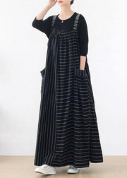 Classy Black Striped Pockets Carpenter Fall Linen Dress - SooLinen