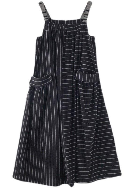 Classy Black Striped Pockets Carpenter Fall Linen Dress - SooLinen