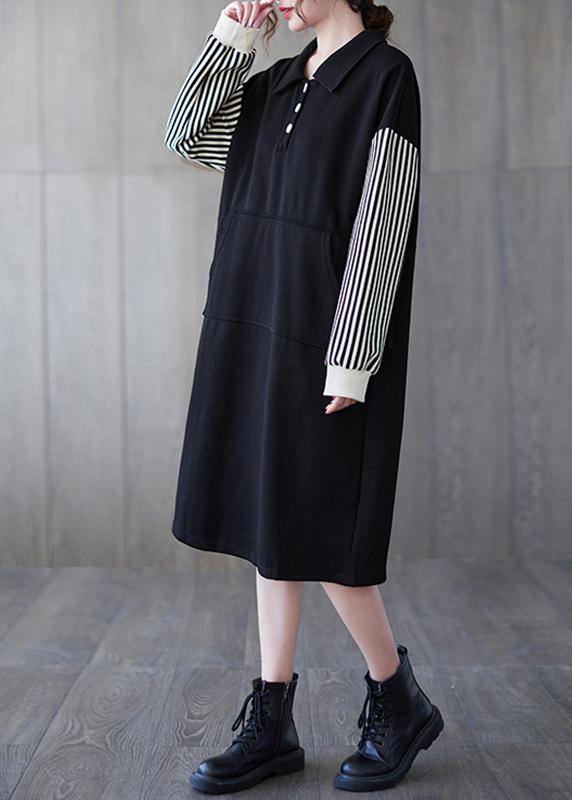 Classy Black Striped Tunic Lapel Patchwork Midi Dress - SooLinen