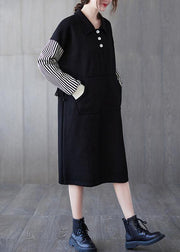 Classy Black Striped Tunic Lapel Patchwork Midi Dress - SooLinen