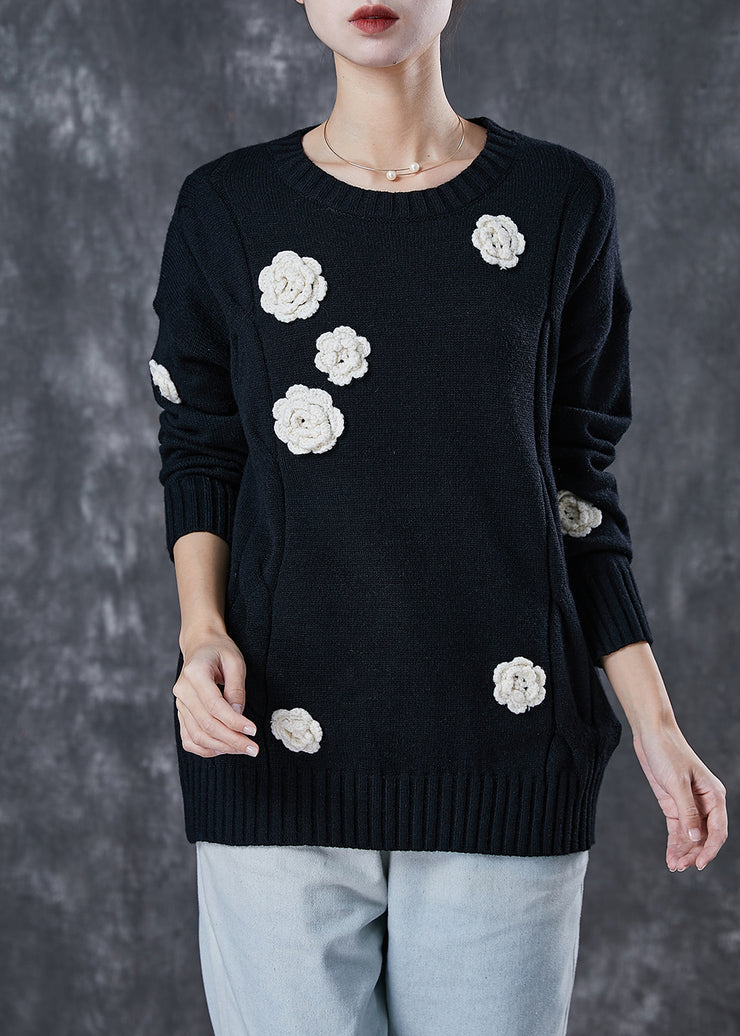 Classy Black Thick Stereoscopic Floral Knit Sweaters Spring