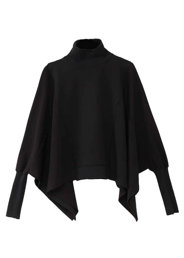 Klassischer schwarzer Rollkragenpullover mit asymmetrischem Patchwork-Baumwollpullover mit langen Ärmeln