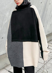 Classy Black Turtleneck Patchwork Cozy Thick Knitted Cotton Sweater Winter