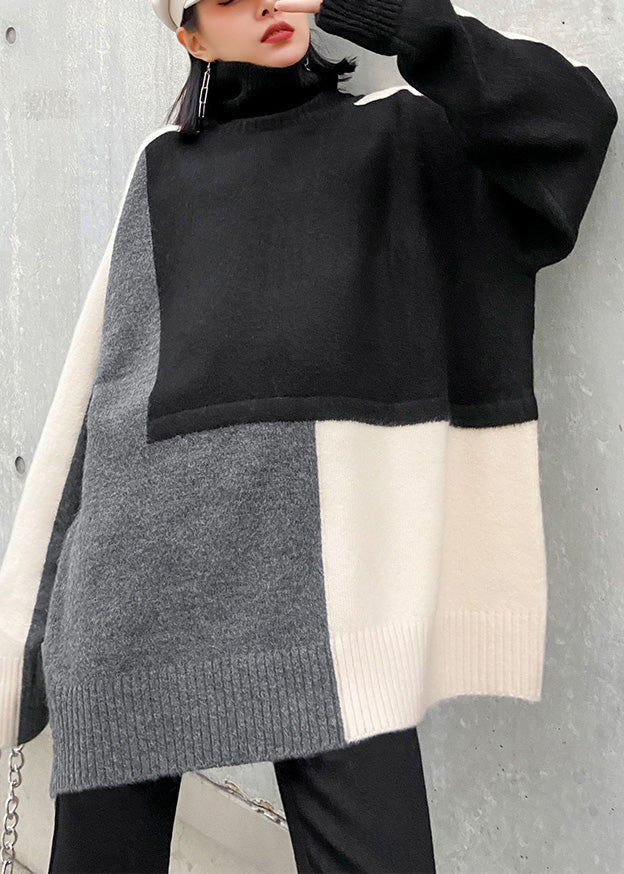 Classy Black Turtleneck Patchwork Cozy Thick Knitted Cotton Sweater Winter