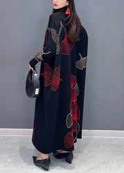 Classy Black Turtleneck Print Cotton Knit Long Dress Long Sleeve