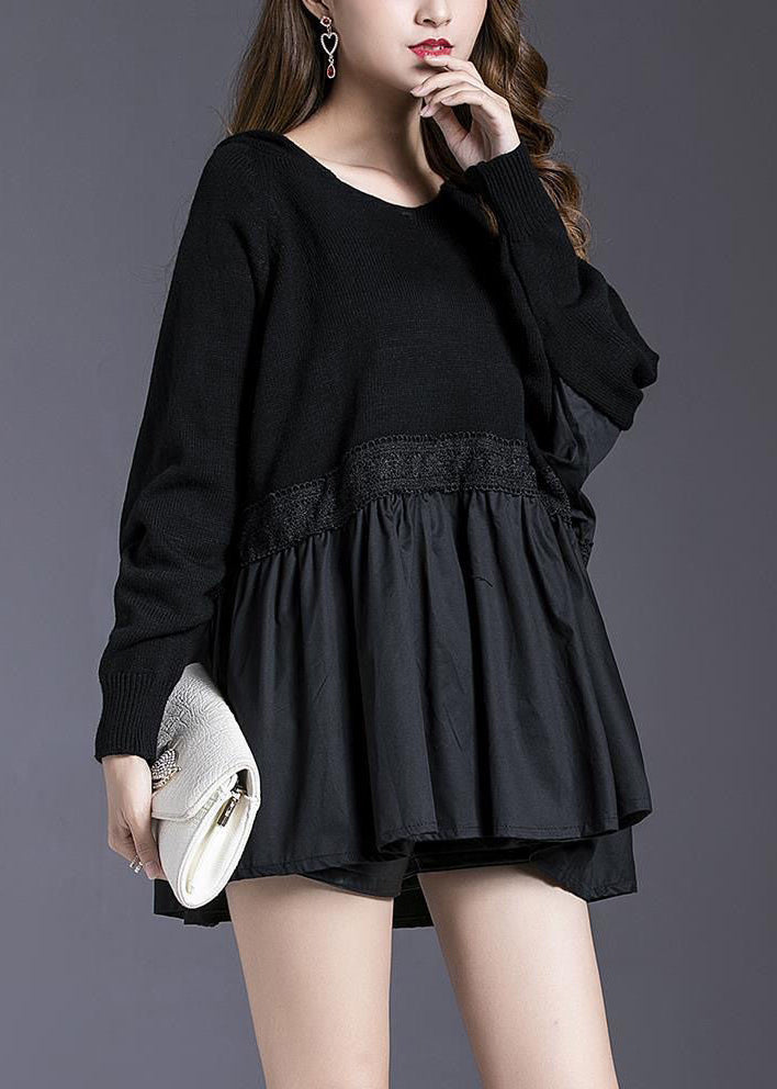 Classy Black Turtleneck Wrinkled Knit Patchwork Sweater Long Sleeve