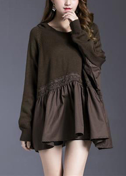 Classy Black Turtleneck Wrinkled Knit Patchwork Sweater Long Sleeve