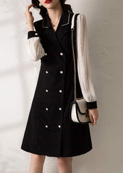 Classy Black V Neck Double Breast Patchwork Spandex Dress Fall