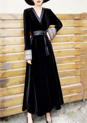 Classy Black V Neck Embroidered Patchwork Velour Dress Spring