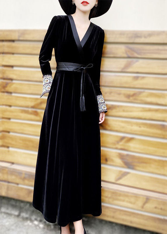 Classy Black V Neck Embroidered Patchwork Velour Dress Spring
