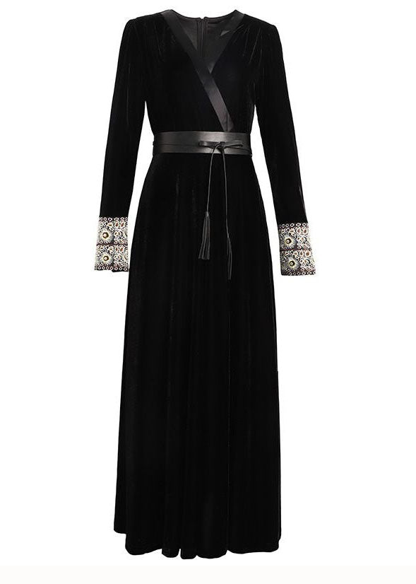 Classy Black V Neck Embroideried Patchwork Velour Dress Spring