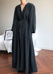 Classy Black V Neck Patchwork Cotton Robe Dresses Spring