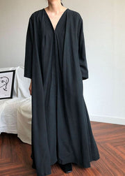 Elegante schwarze Patchwork-Baumwollrobe mit V-Ausschnitt Kleider Frühling