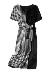 Classy Black V Neck Patchwork Plaid Tie Waist Silk Long Dresses Summer
