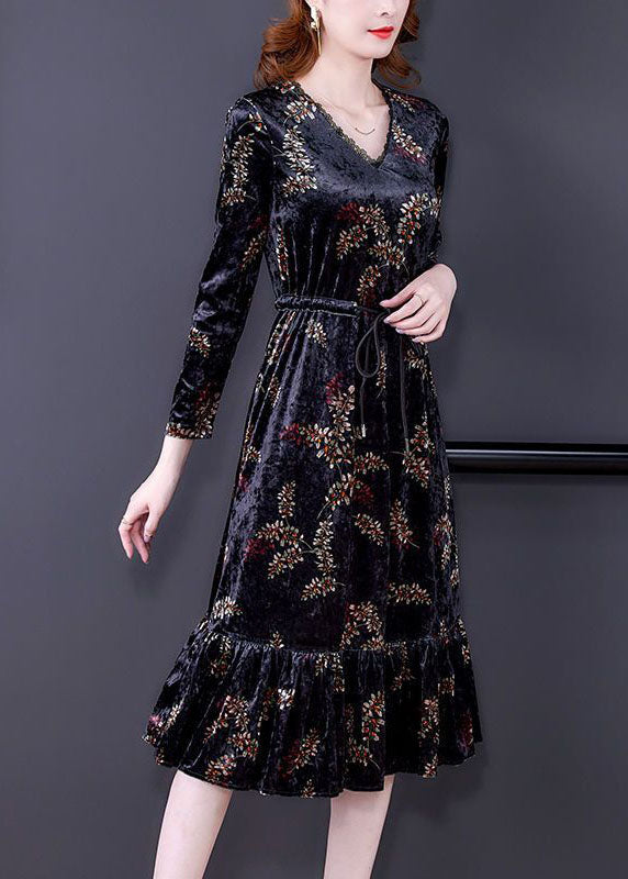 Classy Black V Neck Patchwork Ruffles Print Silk Velour Cinched Dresses Spring