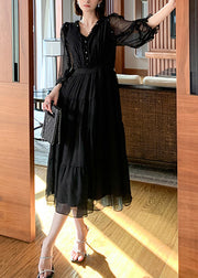 Classy Black V Neck Patchwork Tunic Button Solid Vacation Maxi Dresses Long Sleeve