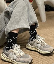 Classy Black White Striped Cute Smile Cotton Mid Calf Socks