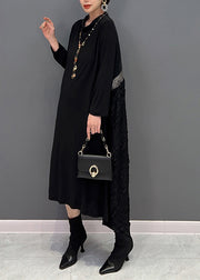 Classy Black Wrinkled Patchwork Cotton Long Dress Fall