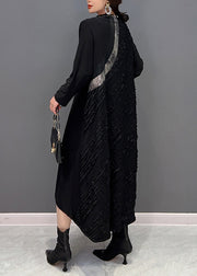 Classy Black Wrinkled Patchwork Cotton Long Dress Fall