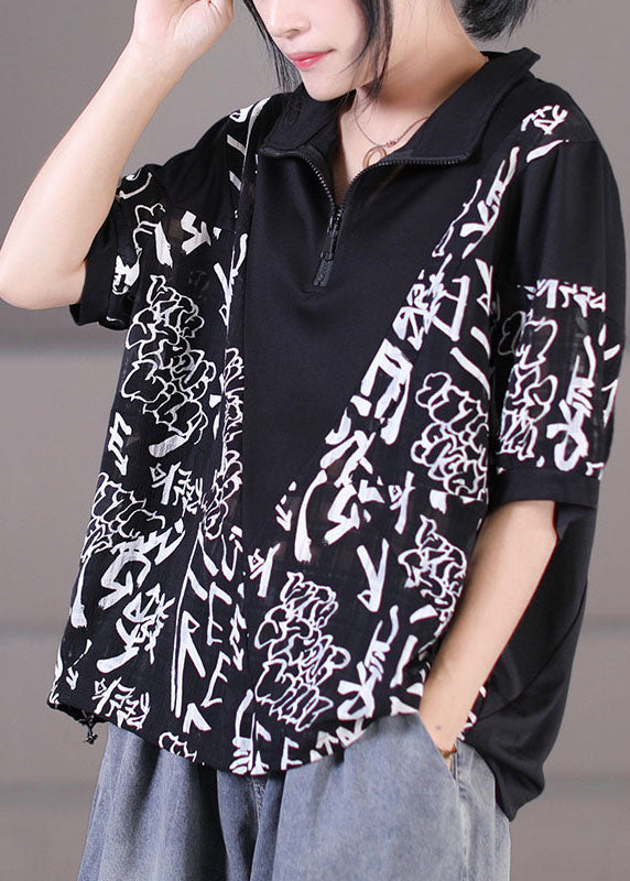 Classy Black Zip Up Drawstring Patchwork Print Cotton Sweatshirt Tops Short Sleeve