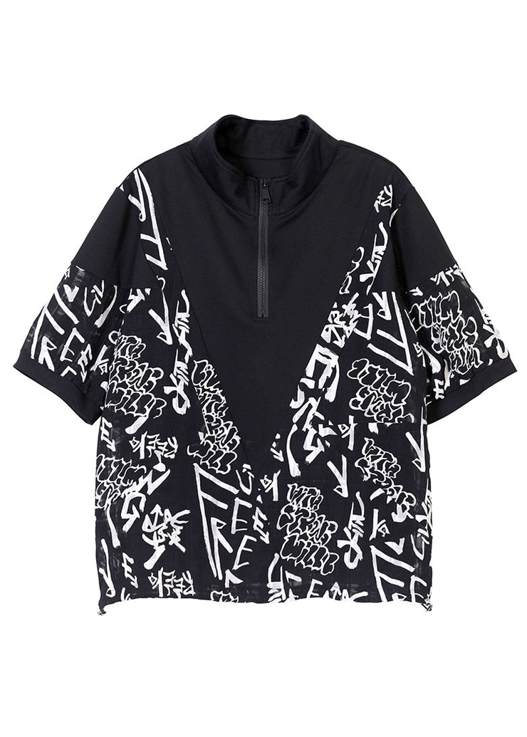 Classy Black Zip Up Drawstring Patchwork Print Cotton Sweatshirt Tops Short Sleeve