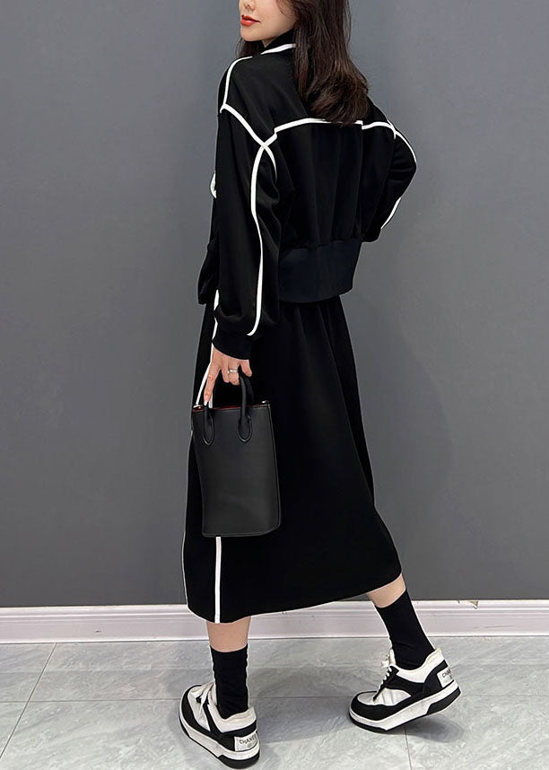 Classy Black Zip Up Side Open Cotton Two-Piece Set Fall