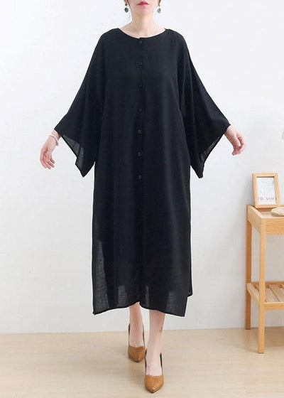 Classy Black side Open Cotton Dress long Shirts Fall Dress - SooLinen