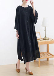 Classy Black side Open Cotton Dress long Shirts Fall Dress - SooLinen