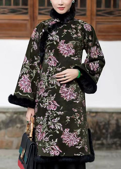 Classy Blackish Green Fur Collar Embroidered Warm Fleece Dress Winter