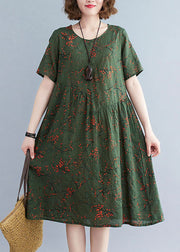Elegantes schwarzgrünes O-Neck Knitterdruck-Baumwoll-Maxikleider mit kurzen Ärmeln