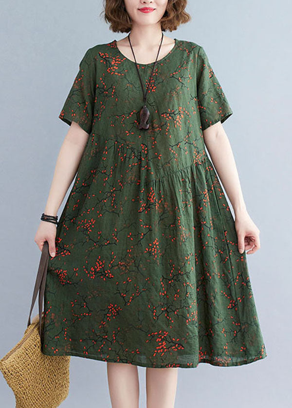 Classy Blackish Green O-Neck Wrinkled Print Cotton Maxi Dresses Short Sleeve