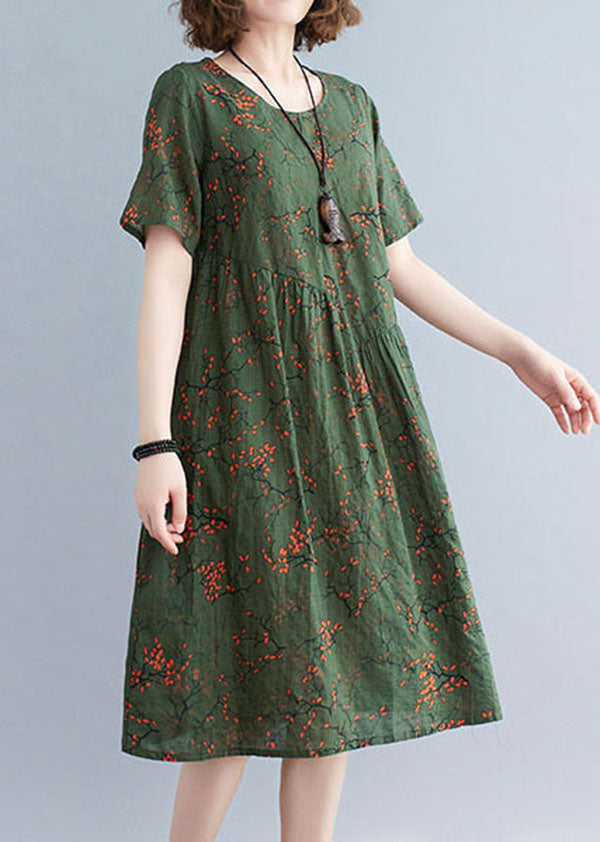 Elegantes schwarzgrünes O-Neck Knitterdruck-Baumwoll-Maxikleider mit kurzen Ärmeln