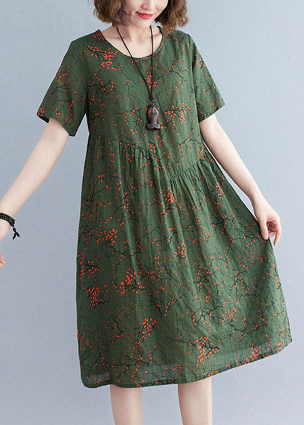 Classy Blackish Green O-Neck Wrinkled Print Cotton Maxi Dresses Short Sleeve