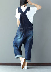 Classy Blue Applique Cotton Denim Jumpsuit Ripped Jeans Spring