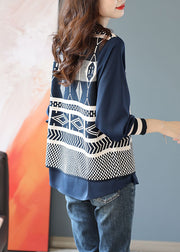 Classy Blue Asymmetrical Print Knit Patchwork Shirts Long Sleeve