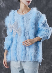 Classy Blue Bow Patchwork Mink Hair Knit Sweaters Winter