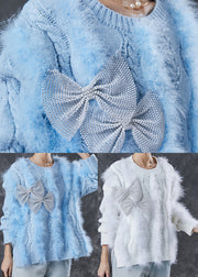 Classy Blue Bow Patchwork Mink Hair Knit Sweaters Winter