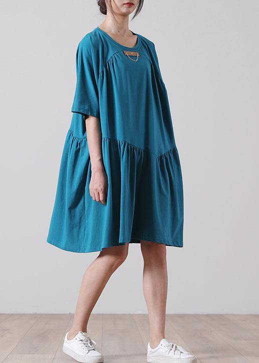 Classy Blue Cinched  Long Summer Cotton Dress - SooLinen