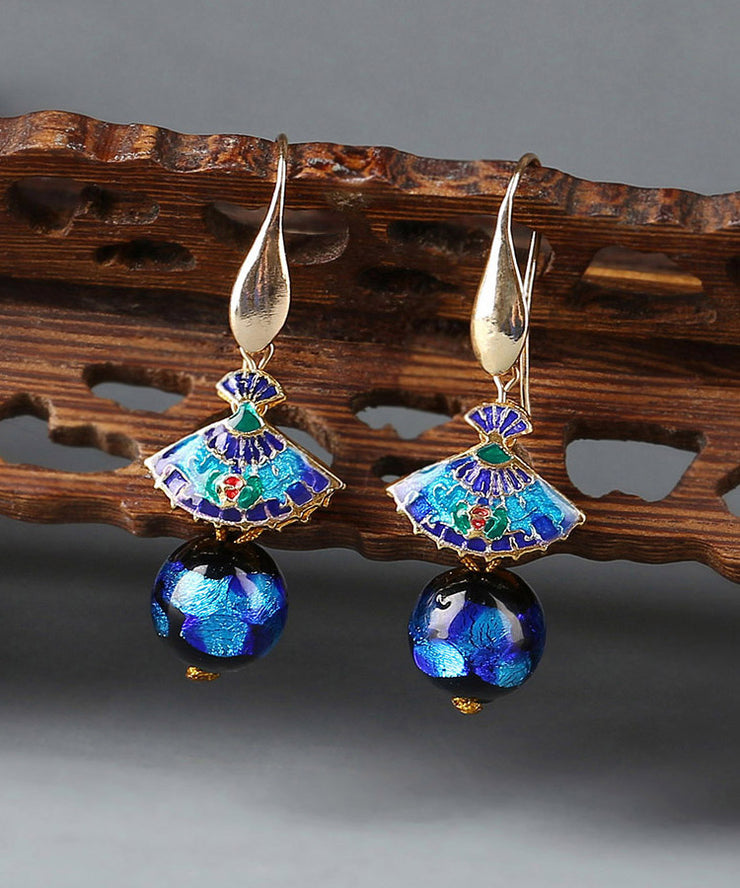 Classy Blue Copper Cloisonne Coloured Glaze Fan Drop Earrings
