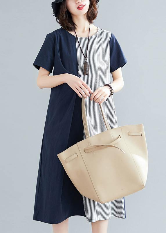 Classy Blue Cotton Patchwork Summer Dress - SooLinen