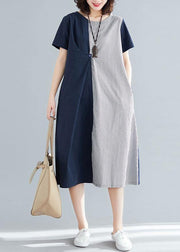 Classy Blue Cotton Patchwork Summer Dress - SooLinen