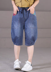 Classy Blue Elastic Waist Tie Waist Pockets Patchwork Cotton Denim Shorts Summer