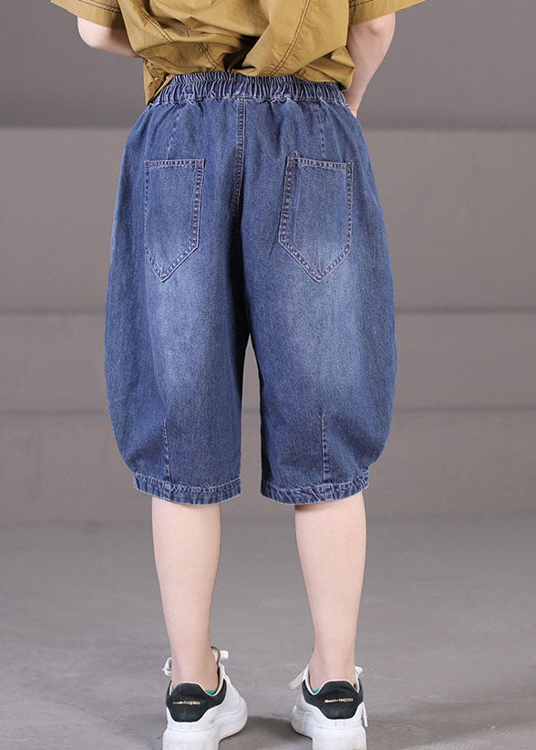 Elegante blaue elastische Taillenbindung Taillentaschen Patchwork-Baumwoll-Denim-Shorts Sommer